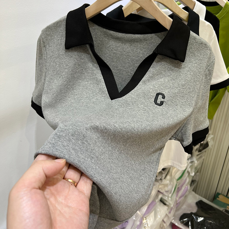 歐貨撞色翻領字母刺繡短袖T恤女夏裝新款修身Polo衫小衫上衣