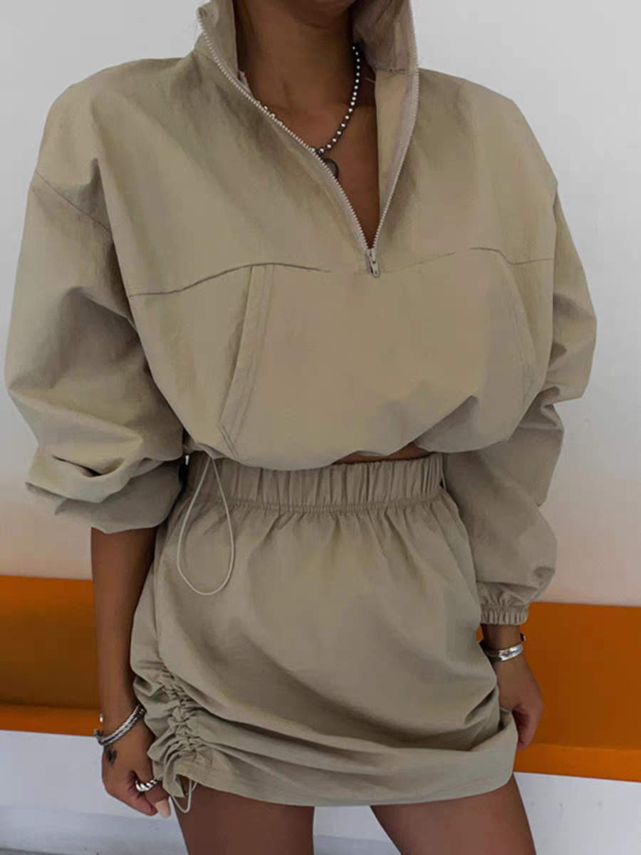 South Korea's new spring clothing, half-open collar top, short skirt, casual two-piece drawstring skirt suit for women