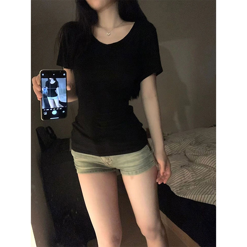 美式辣妹V領黑色短袖t恤女夏季純棉正肩緊身修身顯瘦內搭氣質上衣