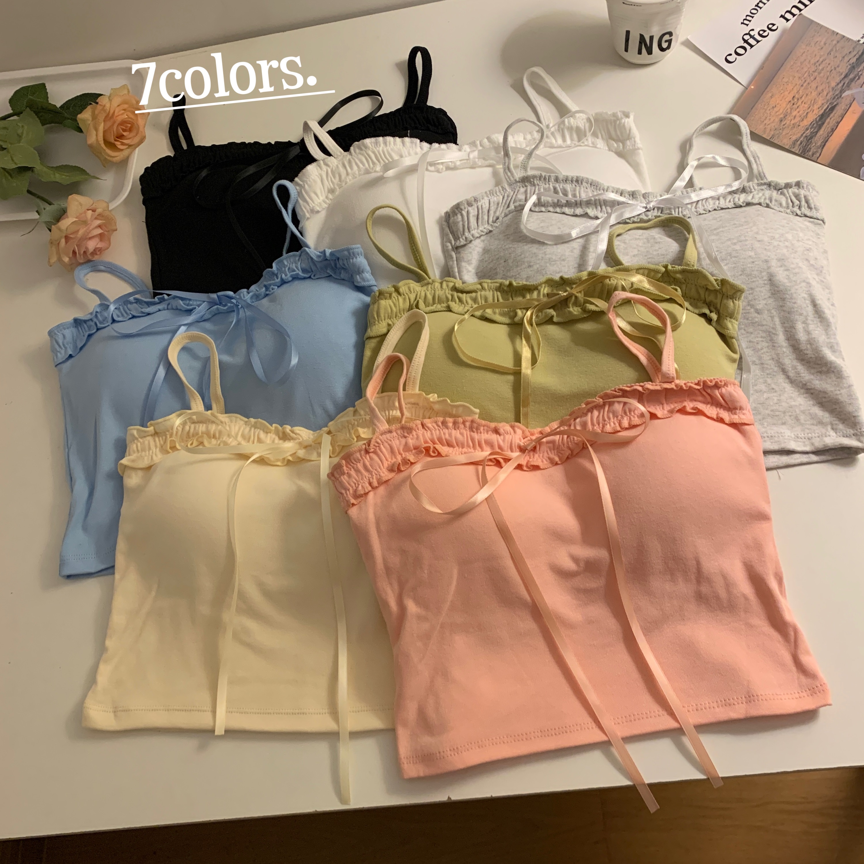 Actual shot of new spring and summer solid color lace camisole with bow tie and breast pad slim fit top