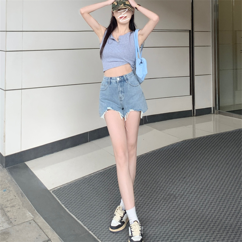 實拍~2024年夏季新款高腰後口袋毛邊設計韓版牛仔短褲女寬鬆熱褲