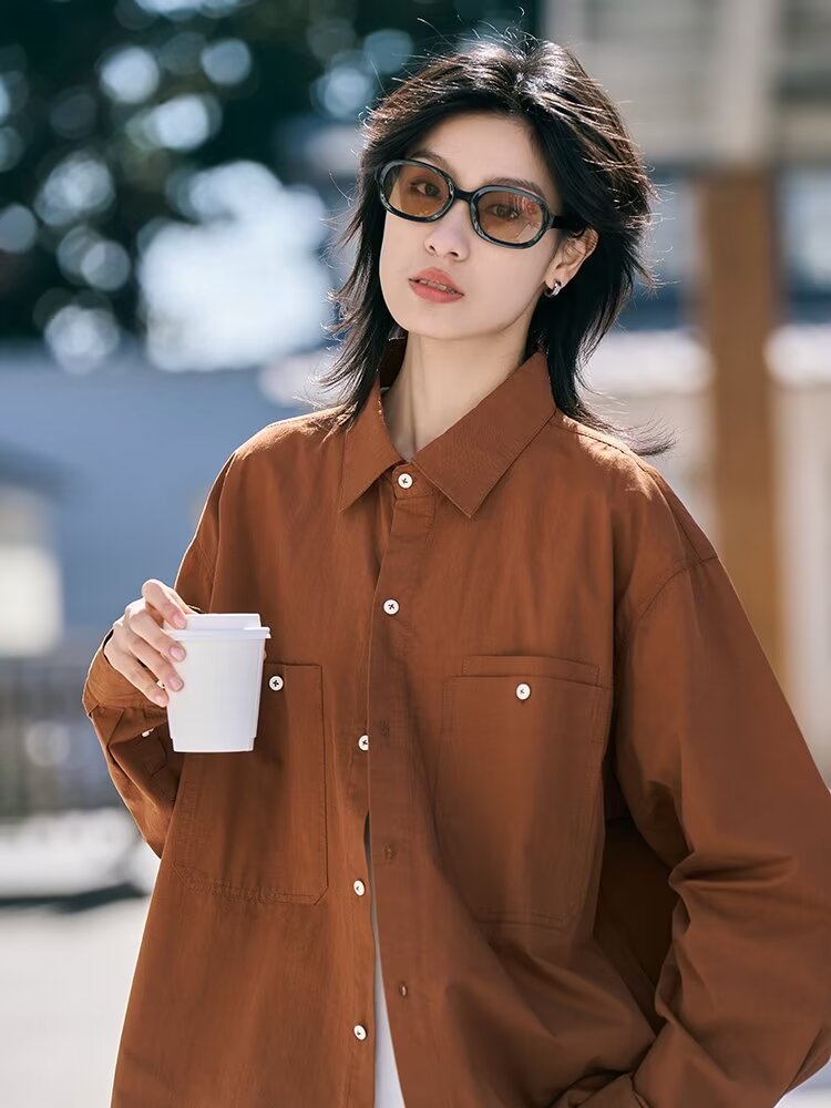 ins潮牌春秋季日系復古長袖襯衫男女純色港風BF寬鬆工裝打底外套