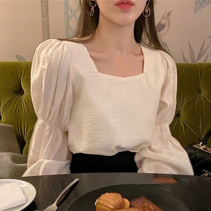 韓國chic春季復古仙氣方領漏鎖骨寬鬆純色皺褶泡泡袖襯衫上衣女