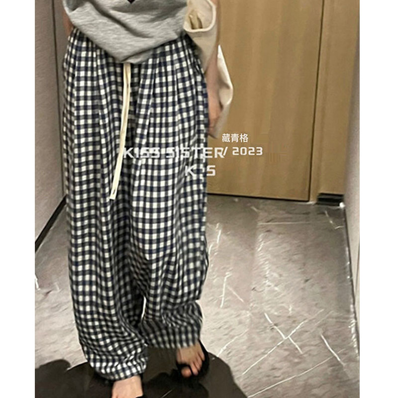 韓版高級設計黑色格子休閒百搭寬鬆闊腿休閒褲