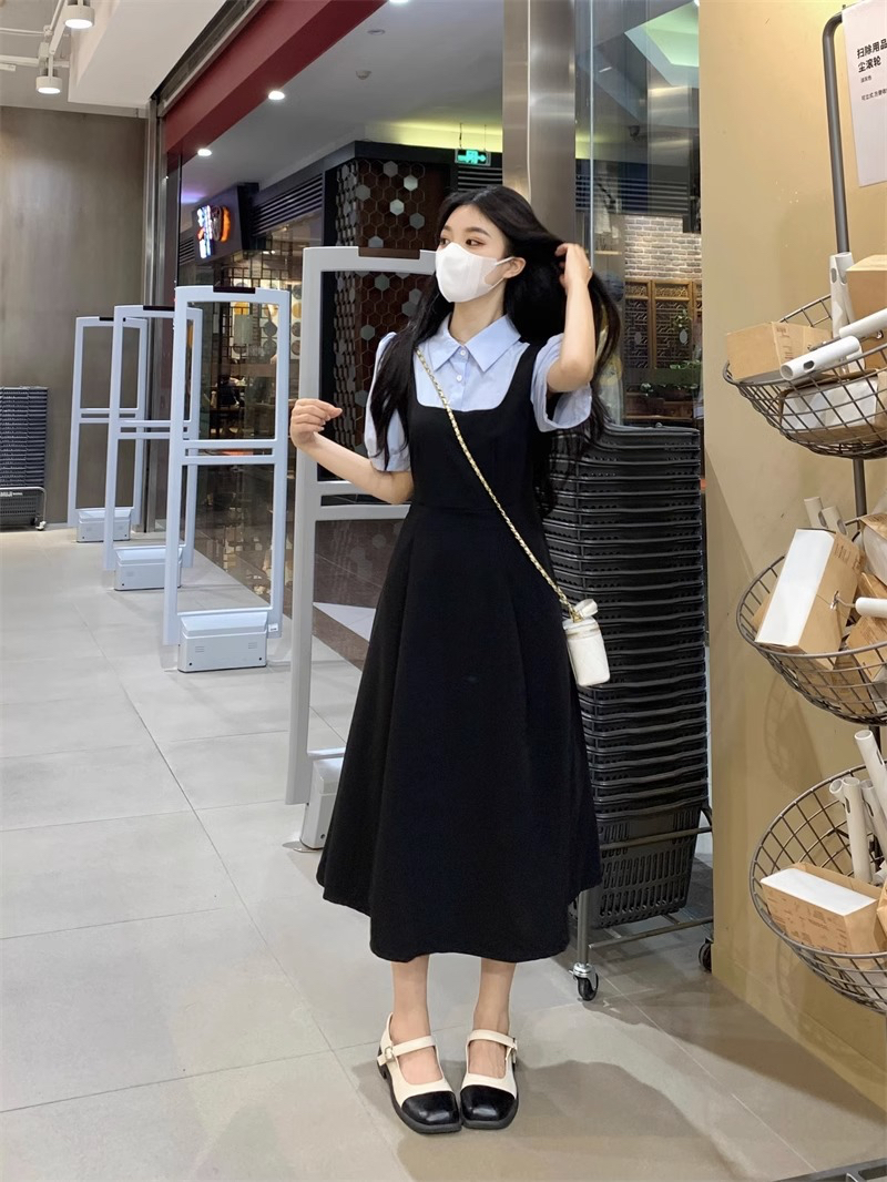 大碼女裝撞色假兩件連衣裙女夏季胖mm學院風顯瘦減齡polo領長裙子