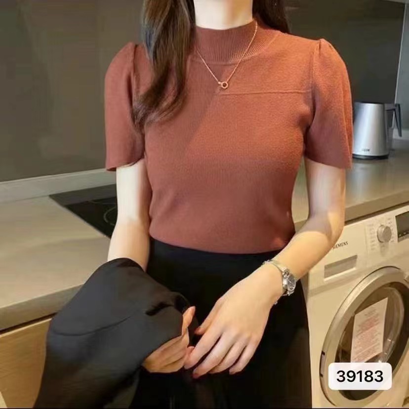 夏季新款韓版優雅氣質半高領純色泡泡短袖上衣女
