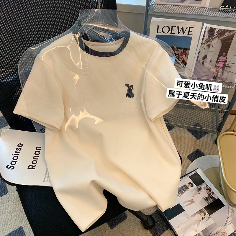 撞色兔子刺繡短袖t恤女夏季2024新款寬鬆減齡圓領套頭體恤上衣ins