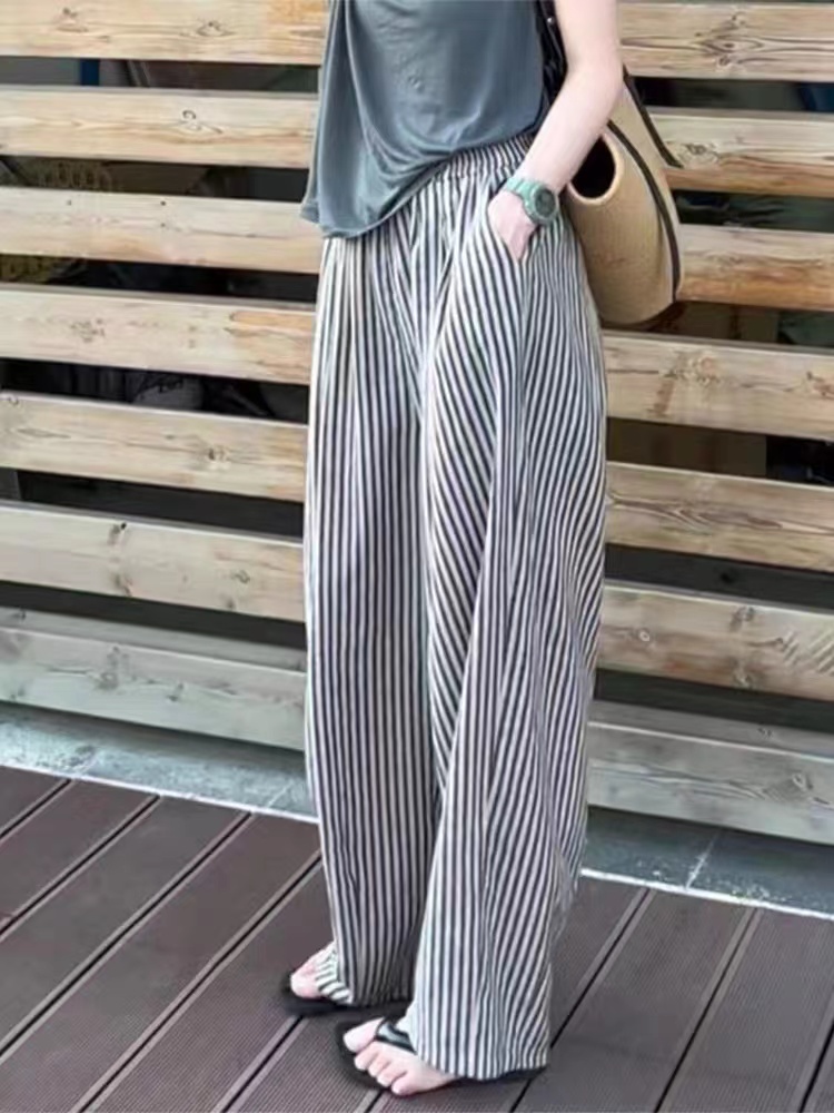 韓版時尚休閒直筒闊腿褲女2024夏季新款大碼顯瘦百搭薄款條紋褲子