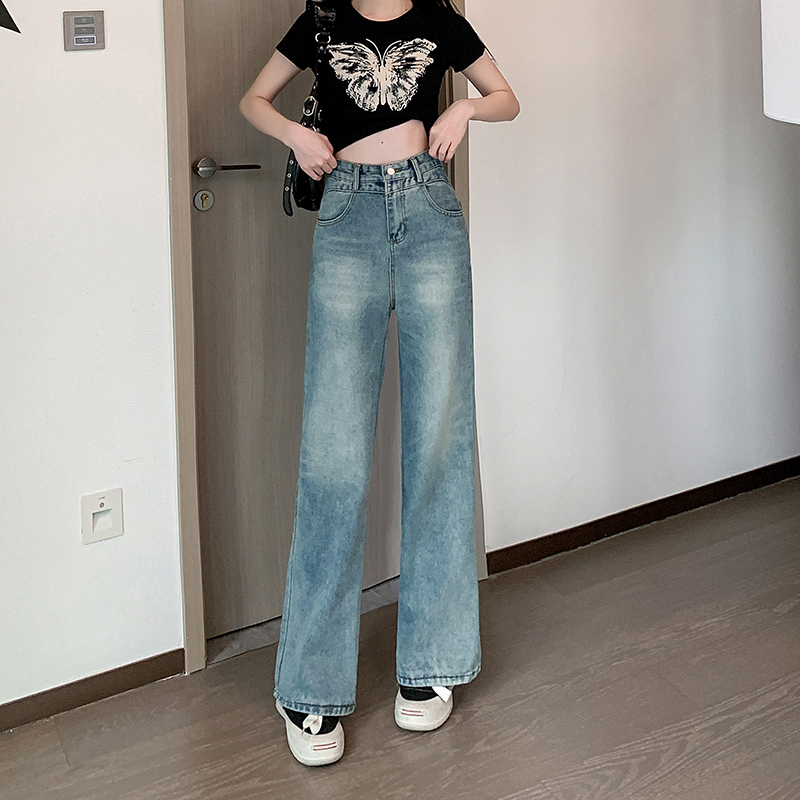 實拍~復古藍闊腿牛仔褲女早春新款辣妹寬鬆垂感高腰直筒長褲