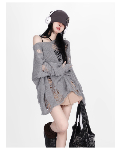 Korean niche slanted shoulder top casual lazy suit loose women's autumn ripped hole hollow sweater long-sleeved women's trendy