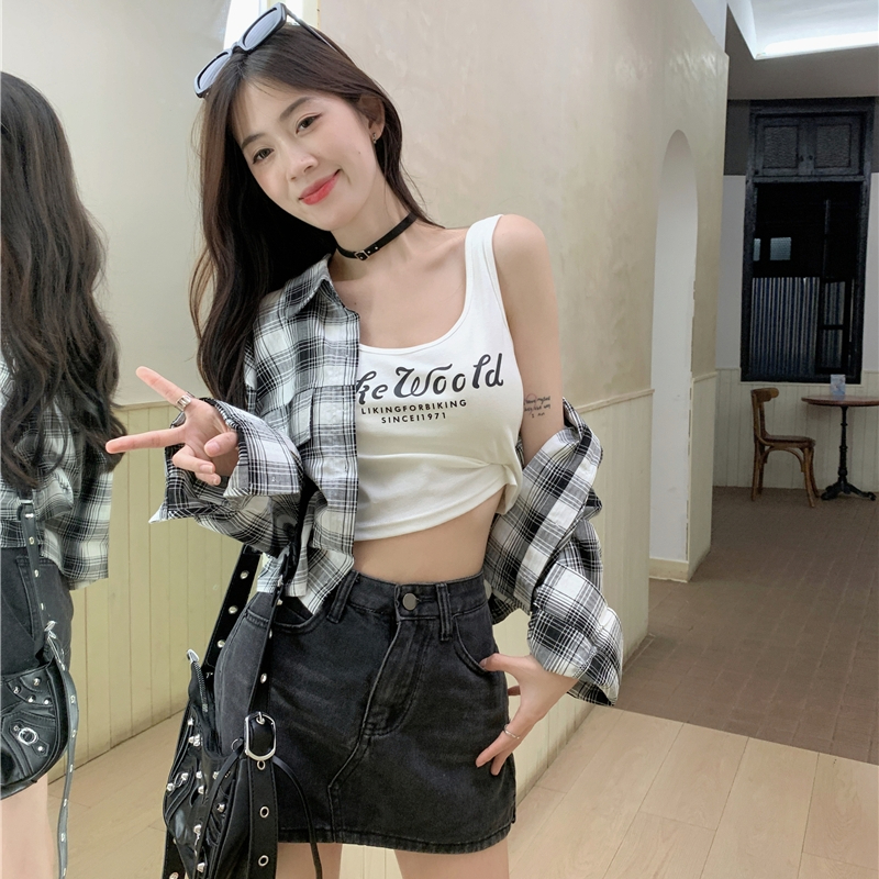 復古港味粉色格子防曬襯衫上衣女夏季薄款寬鬆百搭小個子短款襯衣