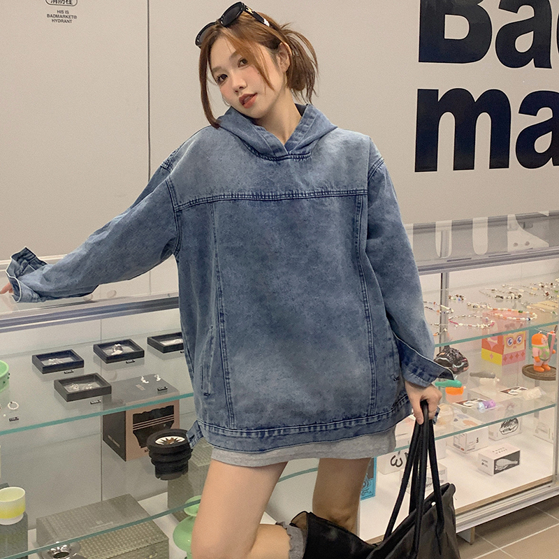 美式做舊連帽牛仔衛衣外套春季設計感復古寬鬆套頭夾克