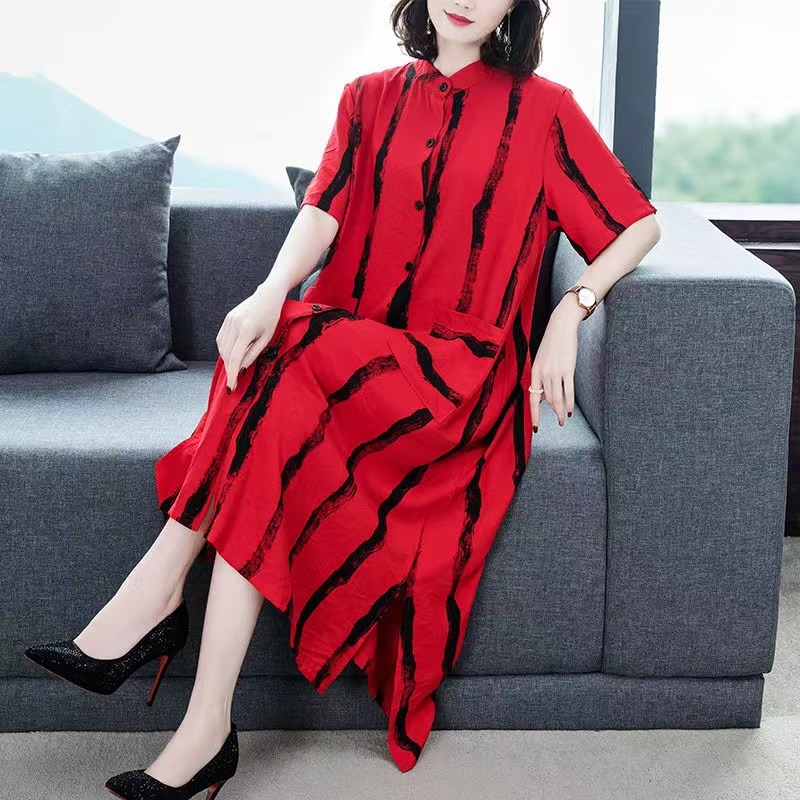 撞色拼接連衣裙夏季新款女裝中長款洋氣大碼寬鬆顯瘦遮肚裙子