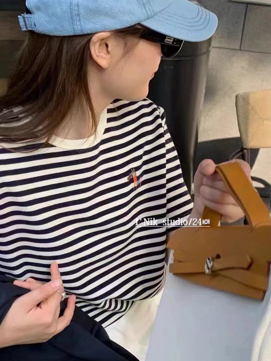 條紋t恤女2024新款春秋季寬鬆顯瘦圓領拼色上衣小馬刺繡短袖