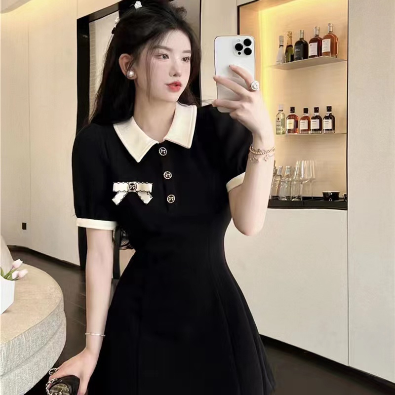 學院風甜美時尚polo領短袖連衣裙夏季新款女收腰顯瘦A字小黑裙