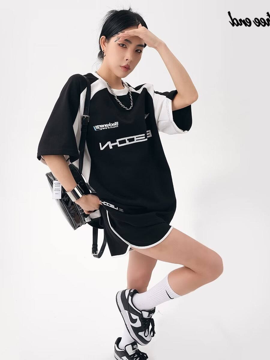 美式潮牌oversize夏季復古撞色短袖t恤女