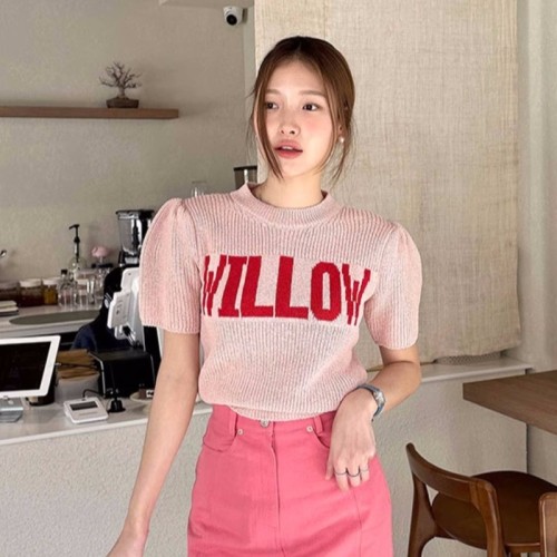 韩国chic夏季新款简约休闲泡泡袖上衣字母撞色提花短袖针织衫女