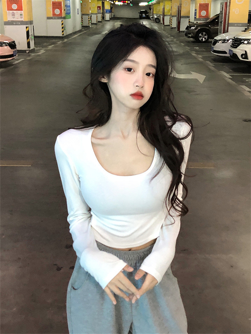 牛奶絲秋季純欲風辣妹大U領顯瘦修身短款長袖T恤上衣女裝潮