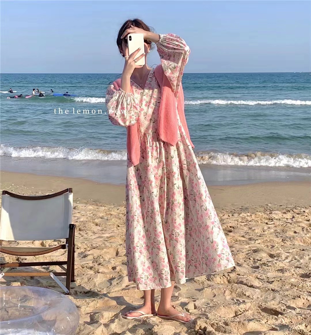 法式甜美V領碎花連衣裙女
