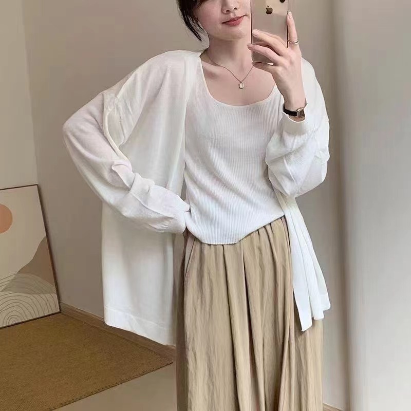 2024 Korean new style sun protection medium-length thin slim loose top knitted jacket