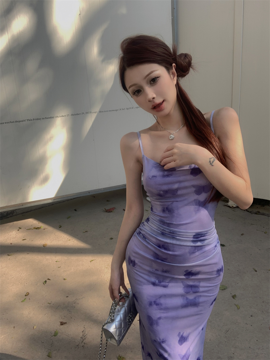 實拍 夢境蝴蝶 彈力網紗女明星蝴蝶印花抽褶設計吊帶裙