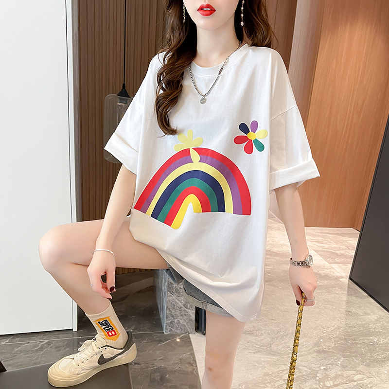 實拍 品質 2024新款夏季韓版中長款印花寬鬆短袖T恤女