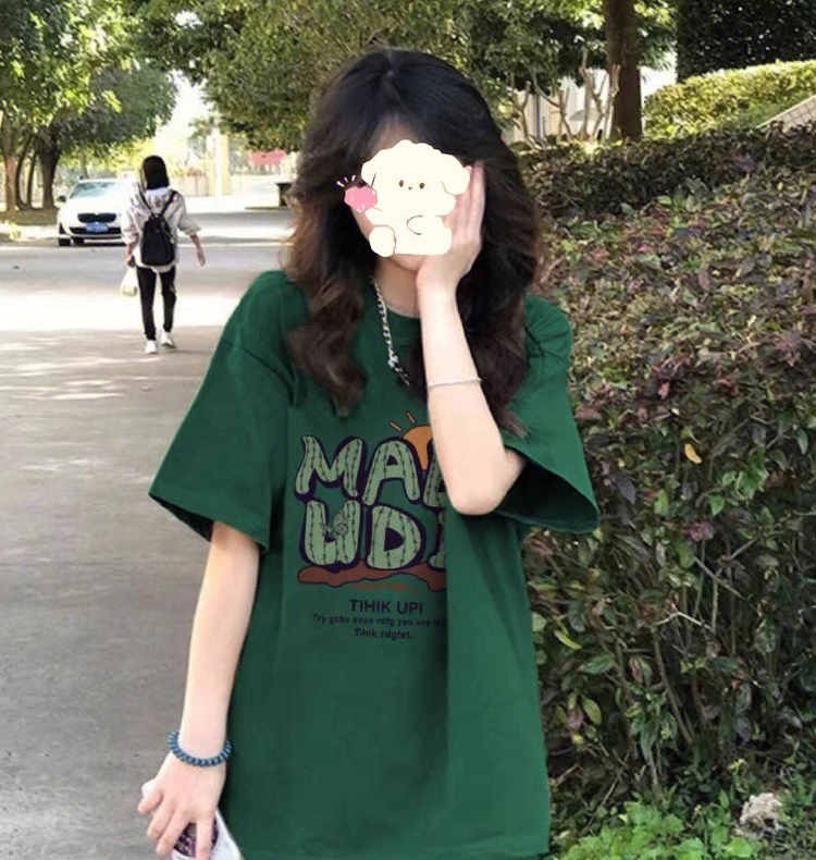 落肩寬鬆版型200克精梳純棉後包邊短袖T恤印花款