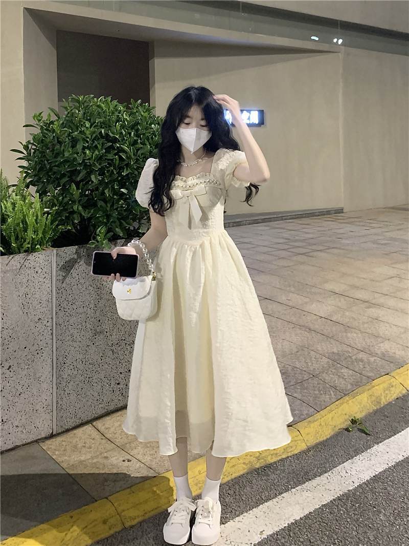 有內里+隱形拉鏈連衣裙女2024夏季新款蝴蝶結收腰公主裙