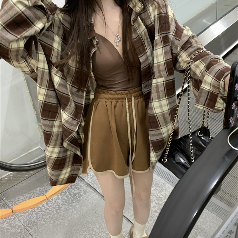磨毛料新款慵懶風日系復古長袖格子襯衫女士襯衣設計感高級上衣