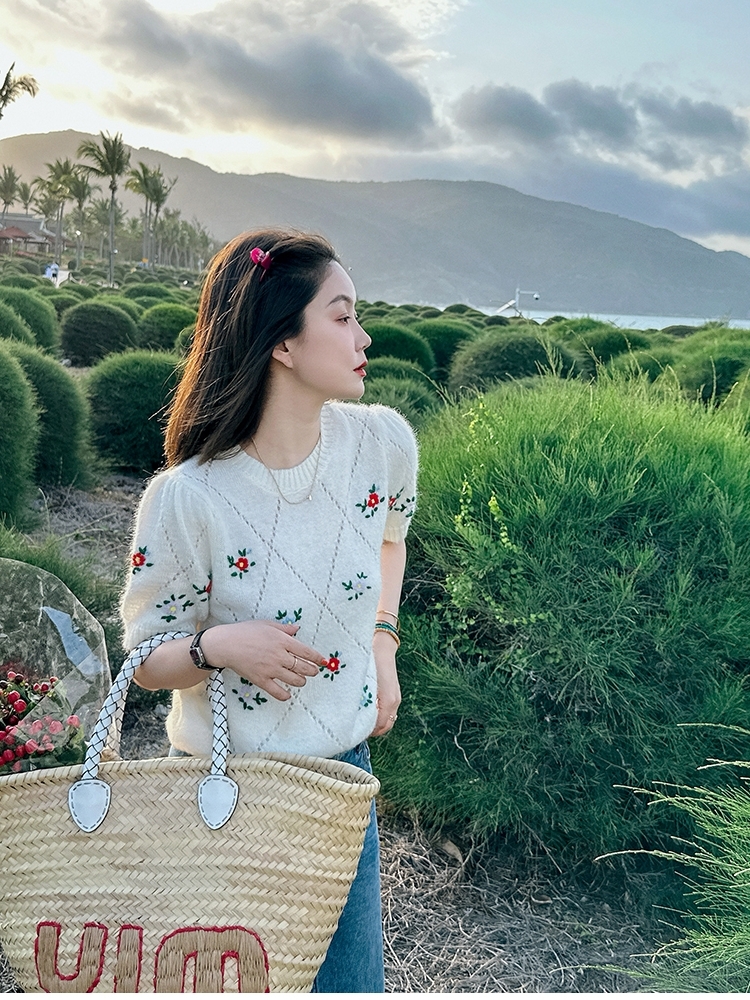 2024年新款減齡百搭繁花春彩短袖 法式俏皮感鏤空刺繡圓領針織衫