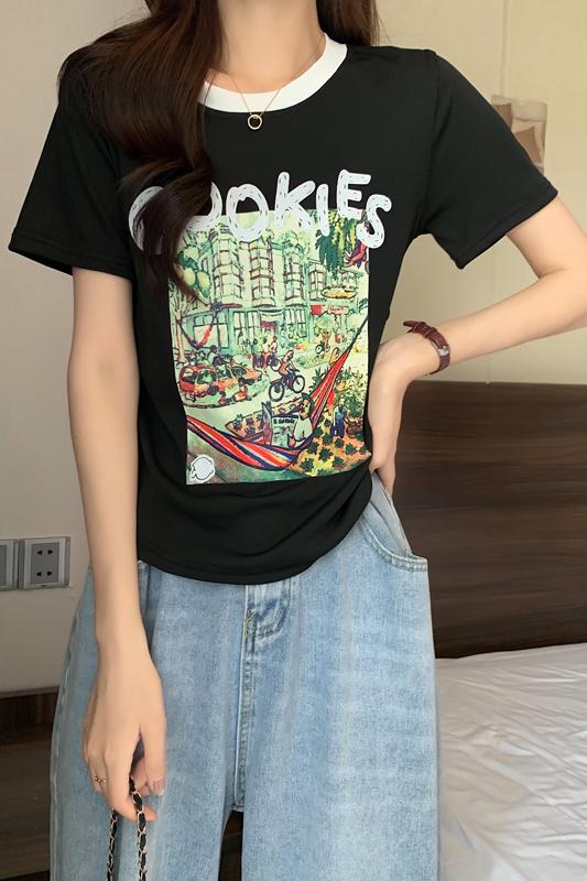實拍大碼印花藝術繪畫圓領t恤夏女短袖正肩遮肉百搭顯瘦上衣