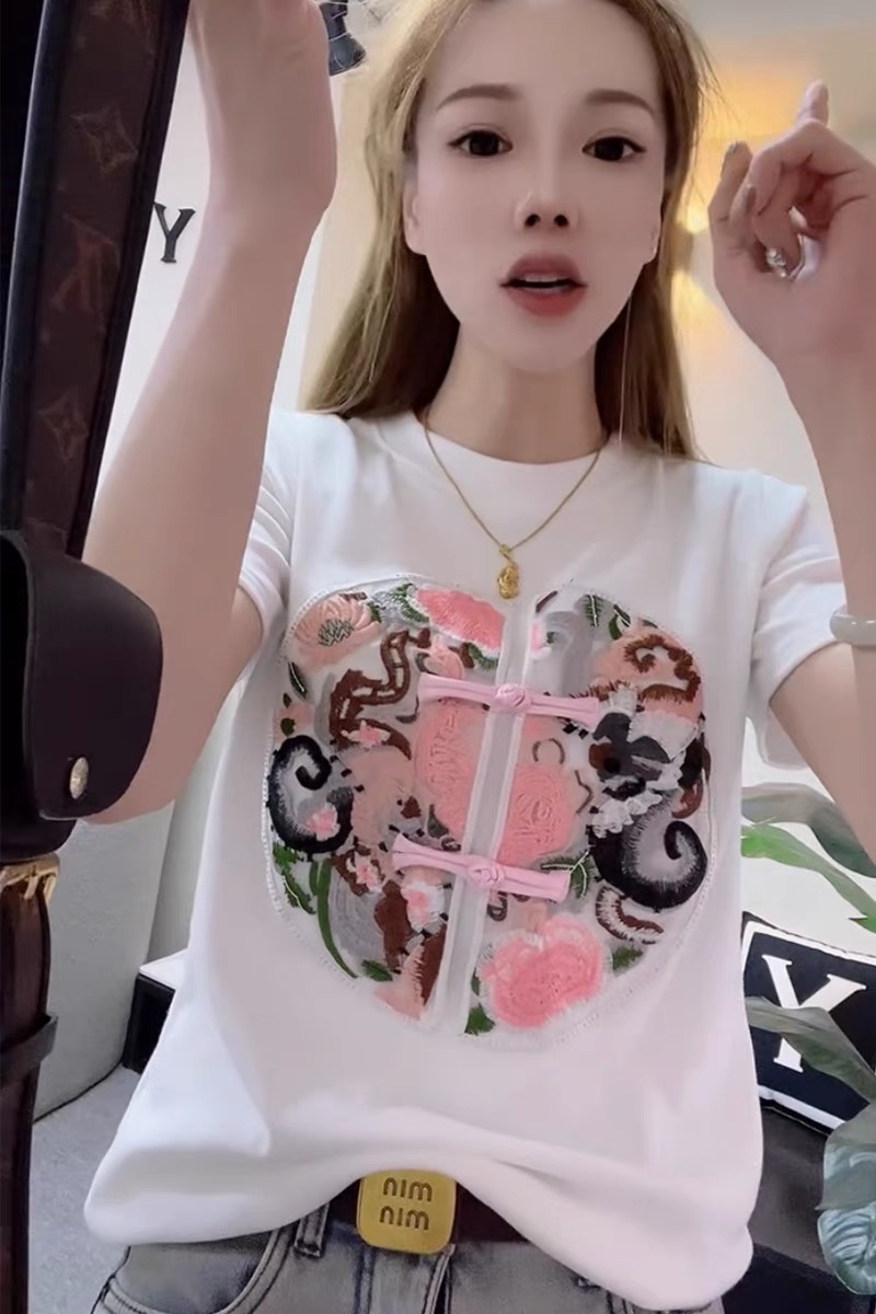 歐貨2024春女時尚復古設計感盤扣顯瘦短袖休閒T恤打底衫上衣小衫