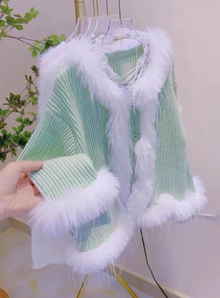 High-end tassel green fur patchwork sweater jacket for women in autumn and winter new loose knitted cardigan