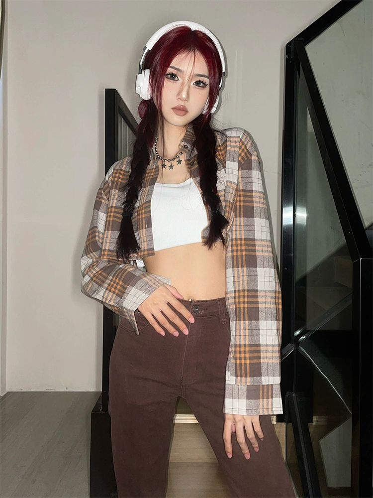 美式辣妹格子刺繡長袖襯衫女顯瘦短款上衣春季2024新款設計感外套