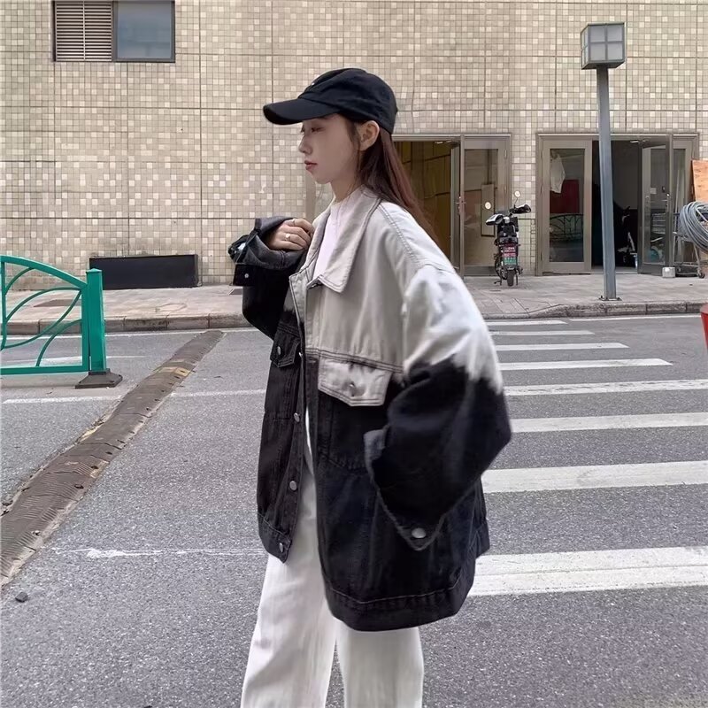 美式復古牛仔外套高街女春秋vibe漸變水洗牛仔褂oversize工裝夾克