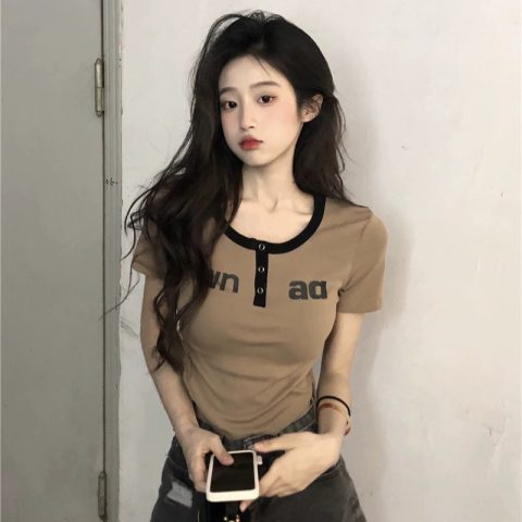 250克螺紋 不規則抽繩咖色短袖t恤女夏純欲辣妹修身短款正肩上衣