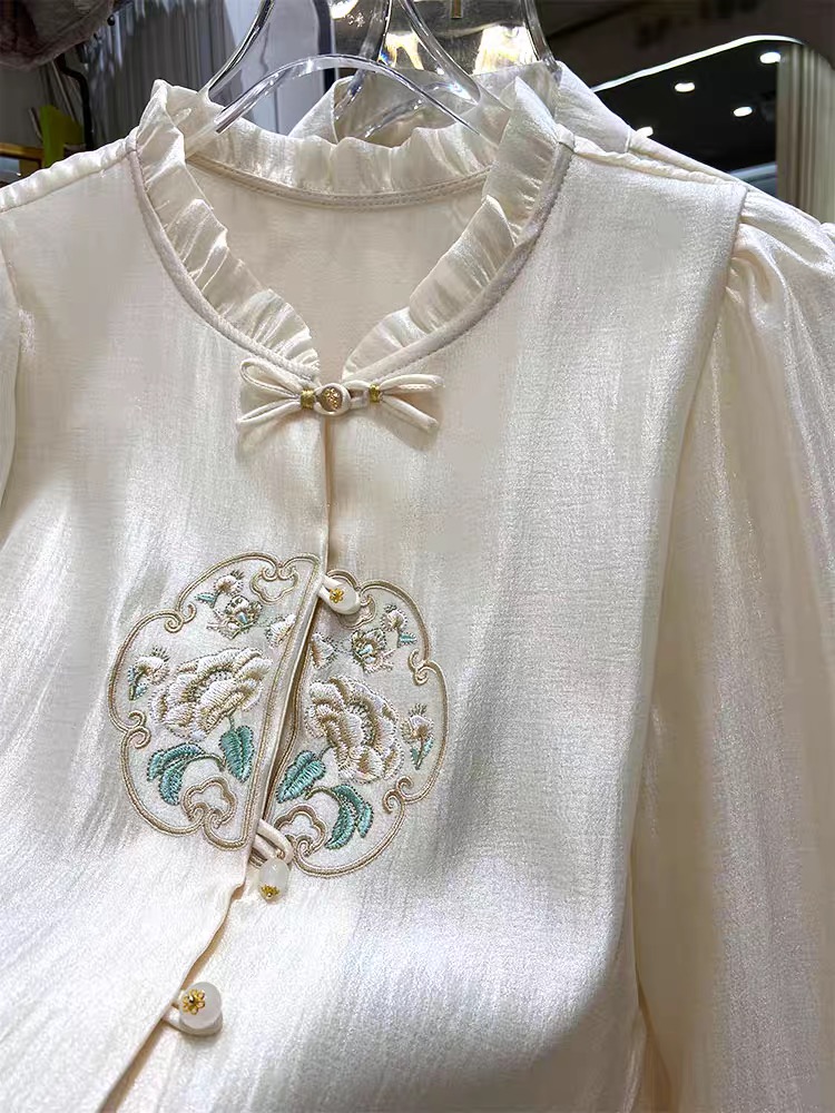 DALI PLUS新中式小立領刺繡繡花襯衫古風盤扣醋酸襯衫