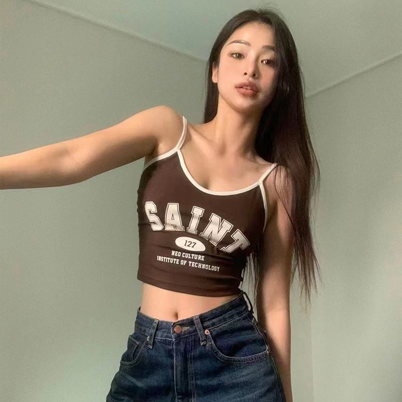 美式復古學院風夏季新款小眾印花設計辣妹顯瘦修身背心氣質上衣