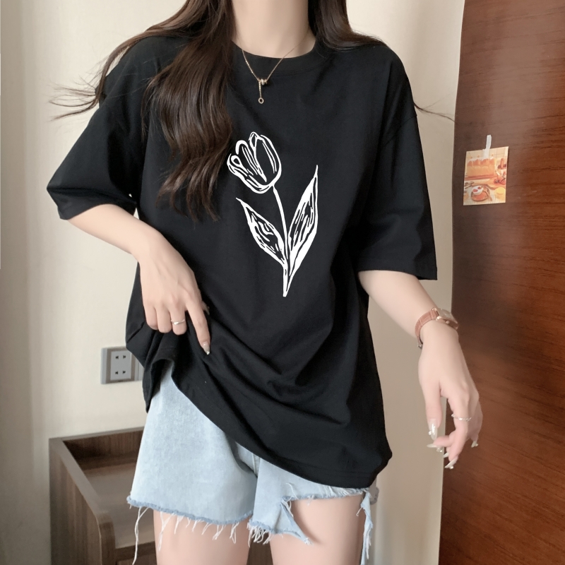 實拍 100%棉精梳純棉 印花夏裝短袖T恤女寬鬆韓版