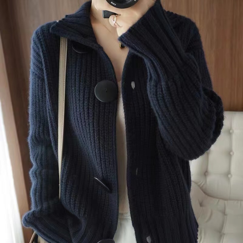 Autumn New Cashmere Cardigan Women's Short Long Sleeve Big Button Knitted Sweater Solid Color 100 Cardigan Jacket