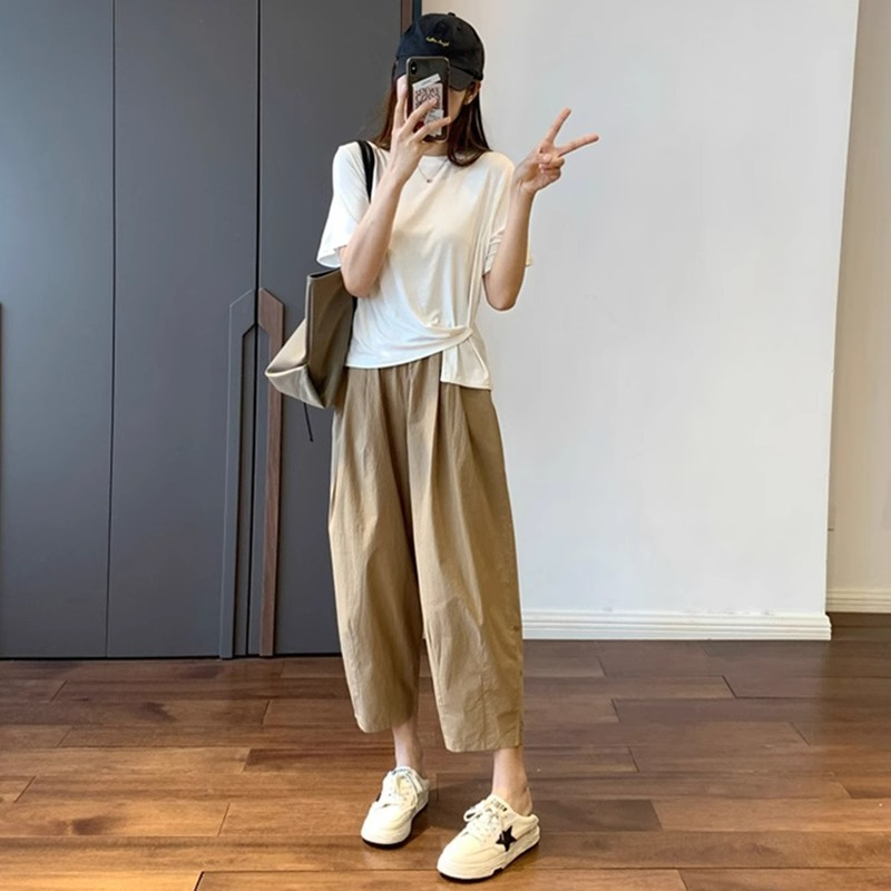 日系高腰直筒工裝褲女春季薄款2024新款九分蘿蔔褲寬鬆休閒闊腿褲