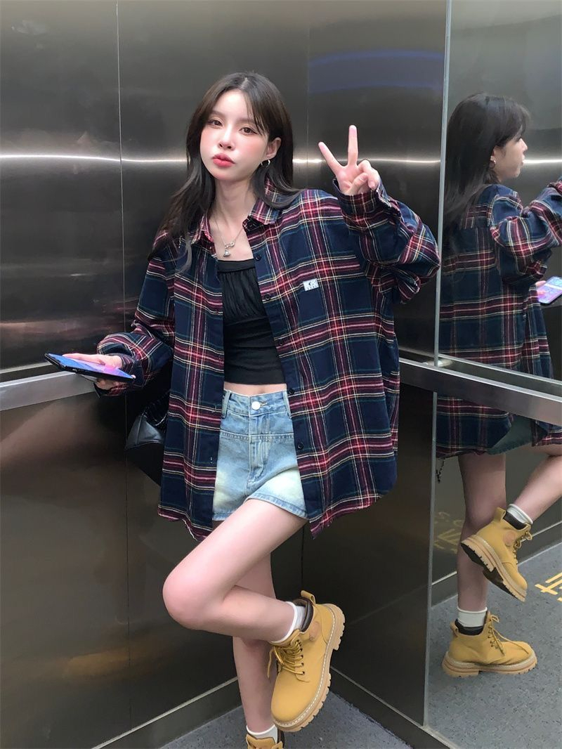 棉格子襯衫女2024秋季新款韓版寬鬆顯瘦磨毛港風復古外搭休閒襯衣