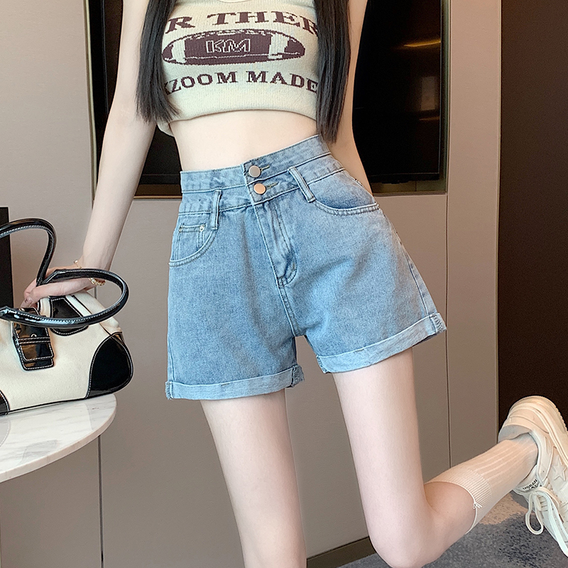 實拍高腰牛仔短褲女夏季薄款休閒a字闊腿熱褲顯瘦直筒褲遮胯卷邊