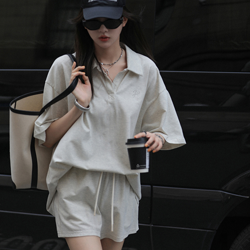 2024夏季新款懶人套裝純色簡約短袖寬鬆Polo衫運動服短褲兩件套女