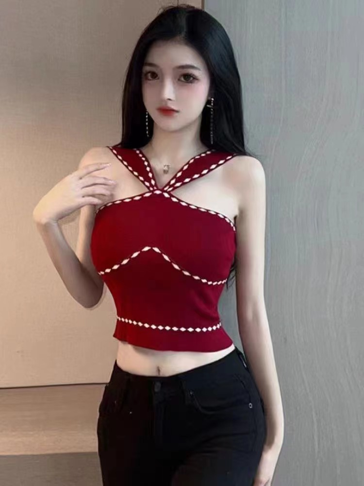 性感甜美少女掛脖露肩吊帶修身顯瘦百搭短款露臍打底針織背心上衣