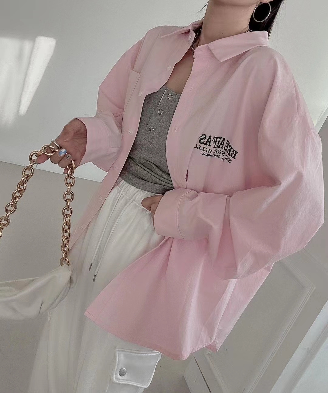 Korean chic spring niche design lapel letter printed back zipper slit loose versatile shirt for women