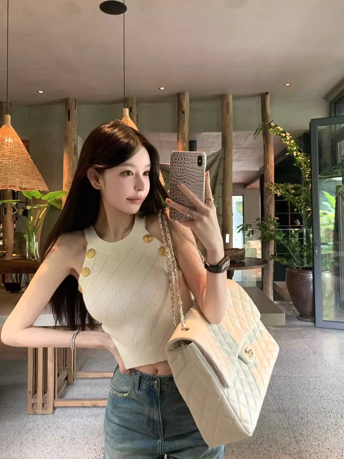 早安樊樊 立體感菱格紋金扣針織背心女春修身顯瘦遮肉掛脖短上衣
