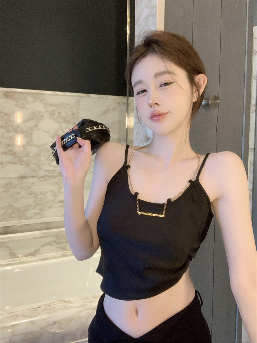 實拍 純欲性感外穿金屬鏈條設計感吊帶上衣黑色內搭
