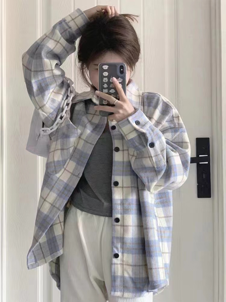 復古格子襯衫外套女設計感小眾2024新款春秋法式襯衣長袖上衣