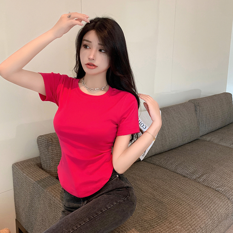 Real shot of ins simple Korean version pure cotton short-sleeved right shoulder slim T-shirt women's round neck solid color basic bottoming shirt top